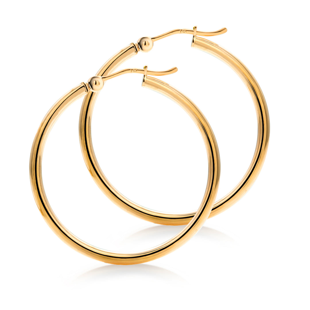 14K Yellow Gold Shiny Tube 30mm Hoop Earrings