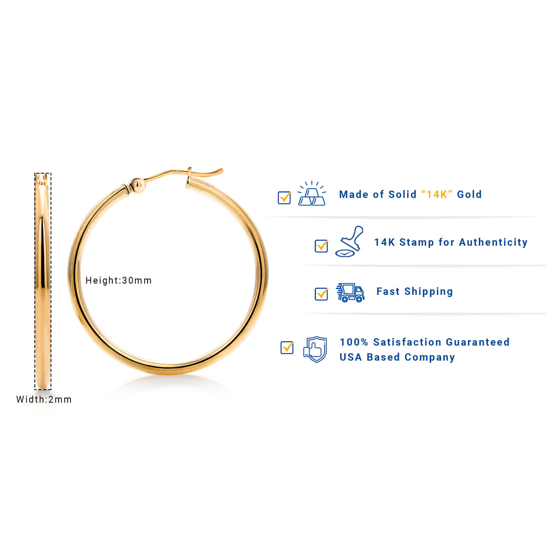 14K Yellow Gold Shiny Tube 30mm Hoop Earrings