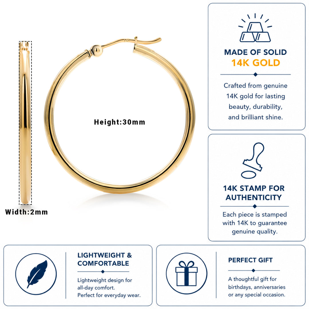 14K Yellow Gold Shiny Tube 30mm Hoop Earrings, Tube Hoop Earrings, Round Hoop Earrings, Gold Hoop Earrings, Hinged Clasp Hoop Earrings