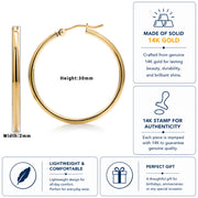 14K Yellow Gold Shiny Tube 30mm Hoop Earrings, Tube Hoop Earrings, Round Hoop Earrings, Gold Hoop Earrings, Hinged Clasp Hoop Earrings