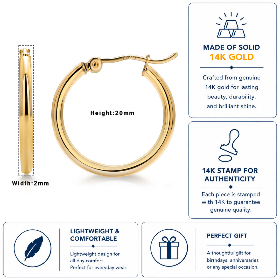 14K Yellow Gold Shiny Tube 20mm Hoop Earrings,  Tube Hoop Earrings, Round Hoop Earrings, Gold Hoop Earrings, Hinged Clasp Hoop Earrings