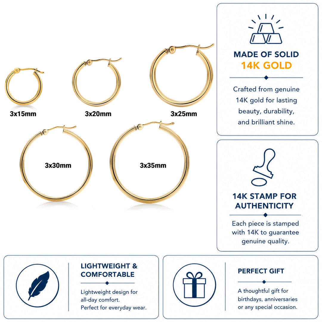 14K Yellow Gold Shiny Tube 15mm, 20mm, 25mm, 30mm, 35mm Hoop Earrings,  Tube Hoop Earrings, Round Hoop Earrings, Gold Hoop Earrings, Hinged Clasp Hoop Earrings