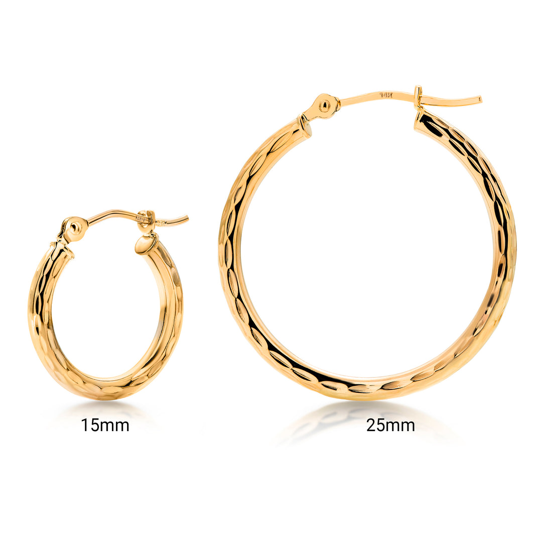 14K Yellow Gold Crystal Cut Round 15mm and 25mm Hoop Earrings