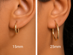 Load image into Gallery viewer, Solid 14K Yellow Gold Crystal Cut Round 15mm and 25mm Hoop Earrings, Gold Hoop Earrings, Sparkle Hoop Earrings, Textured Hoop Earrings, Hinged Clasp Hoops, Gold Hoop Earrings