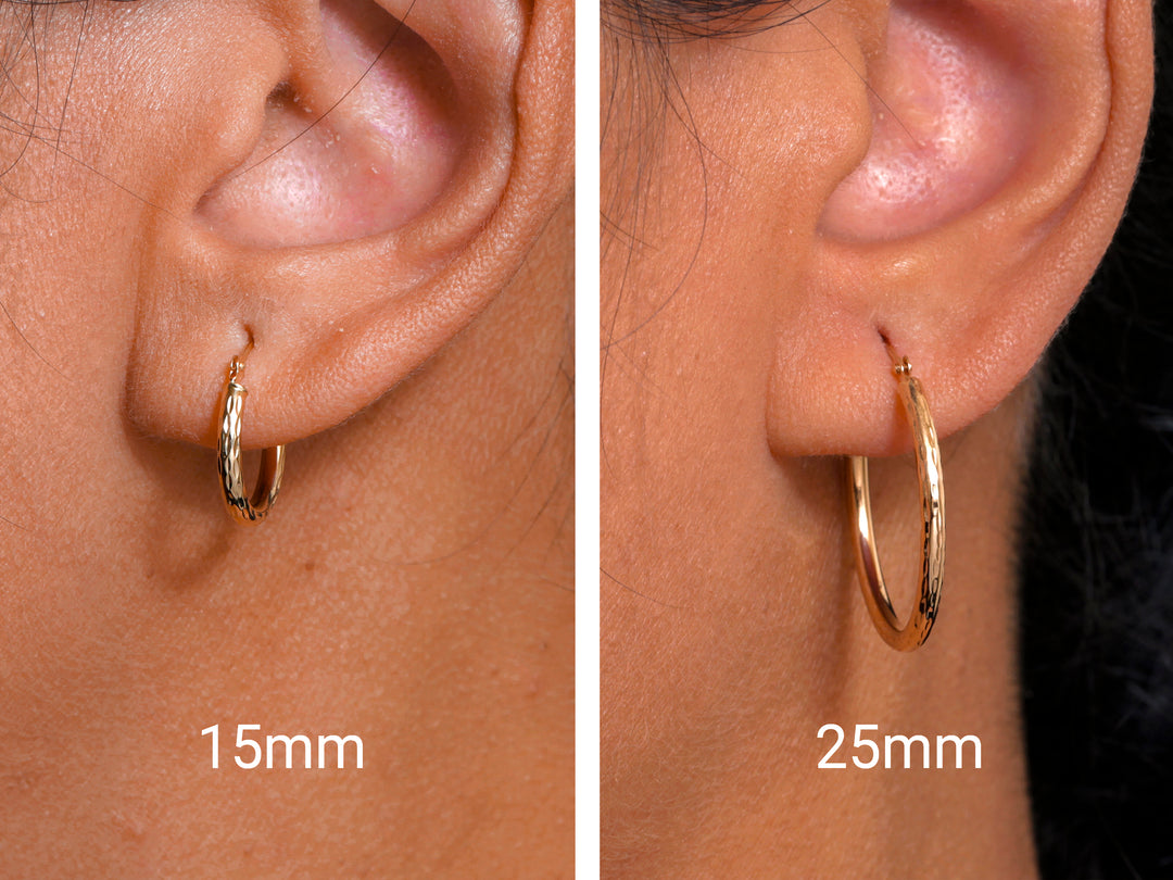 14K Yellow Gold Crystal Cut Round 15mm and 25mm Hoop Earrings