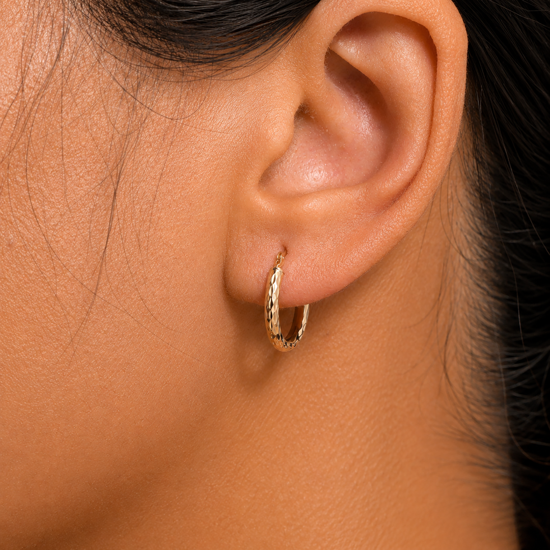 Solid 14K Yellow Gold Crystal Cut Round 15mm Hoop Earrings, Gold Hoop Earrings, Sparkle Hoop Earrings, Textured Hoop Earrings, Hinged Clasp Hoops, 15mm Gold Hoop Earrings