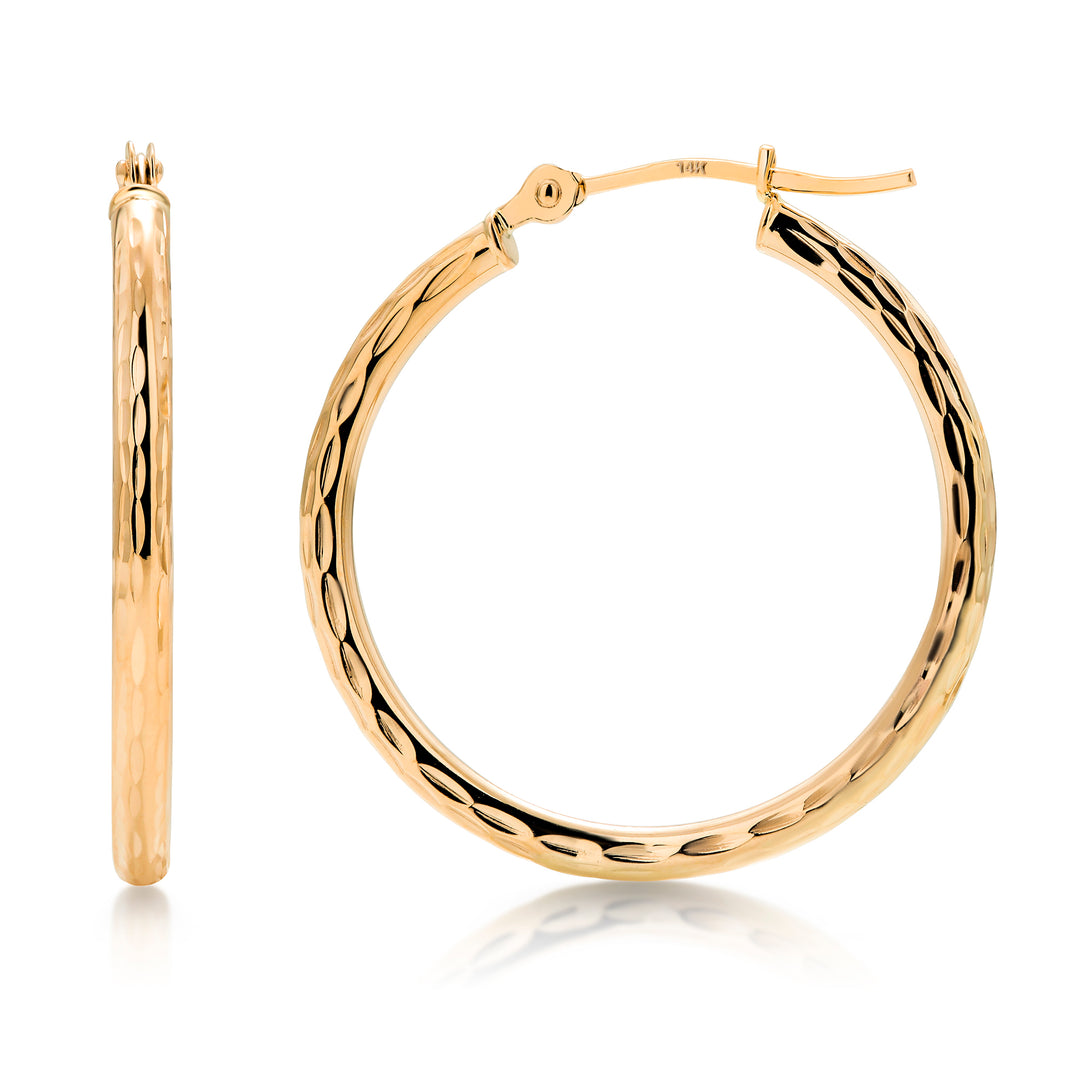 14K Yellow Gold Crystal Cut Round 25mm Hoop Earrings