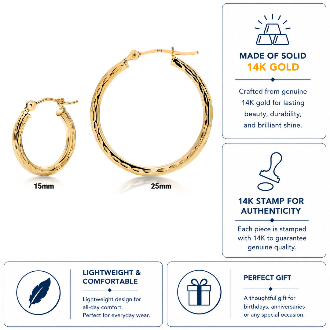 Solid 14K Yellow Gold Crystal Cut Round 15mm and 25mm Hoop Earrings, Gold Hoop Earrings, Sparkle Hoop Earrings, Textured Hoop Earrings, Hinged Clasp Hoops, Gold Hoop Earrings