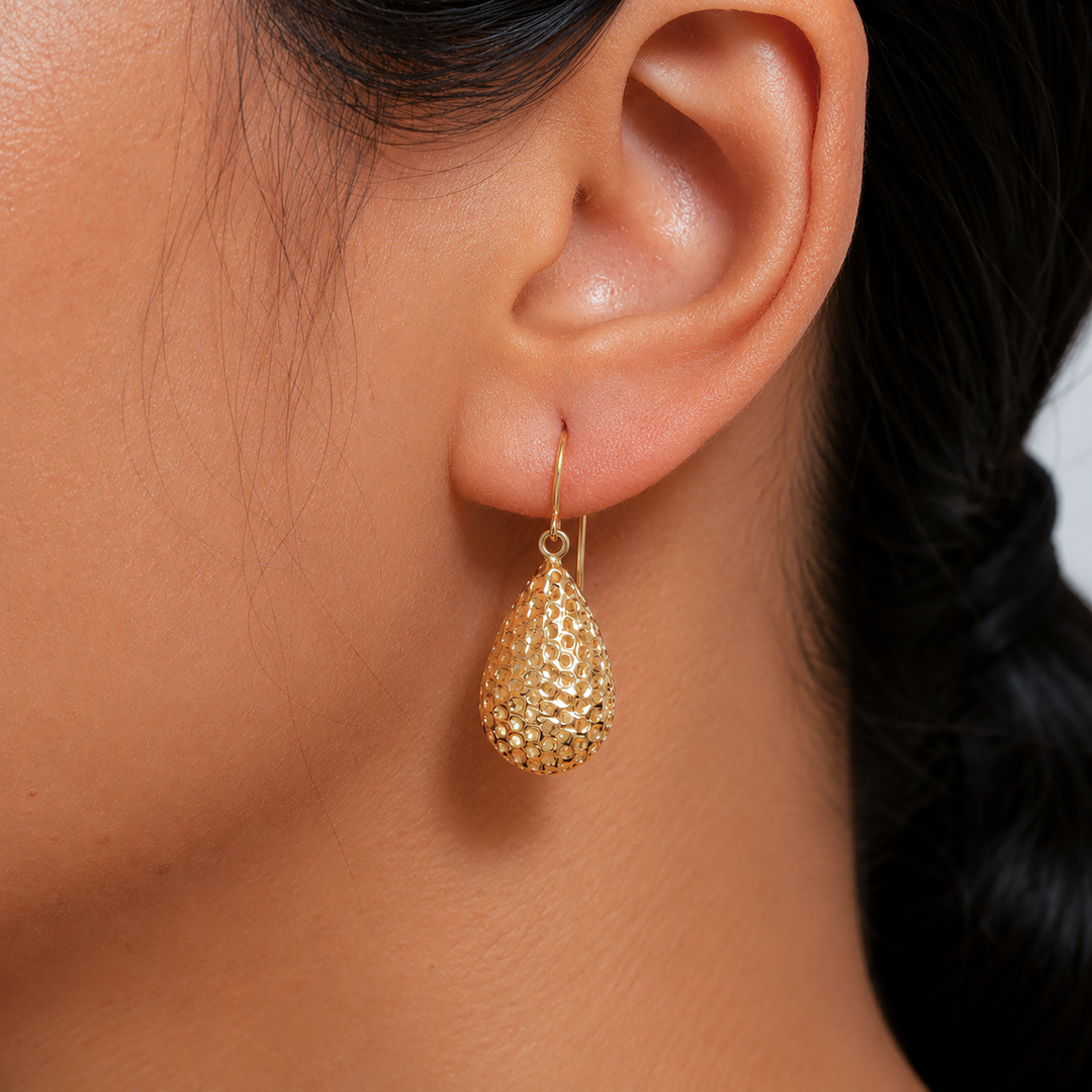 14K Solid Yellow Gold Puffed Tear Drop Dangle Earrings, Gold Tear Drop Earrings, Drop Earrings, Water Drop Earrings, Dangle Earrings