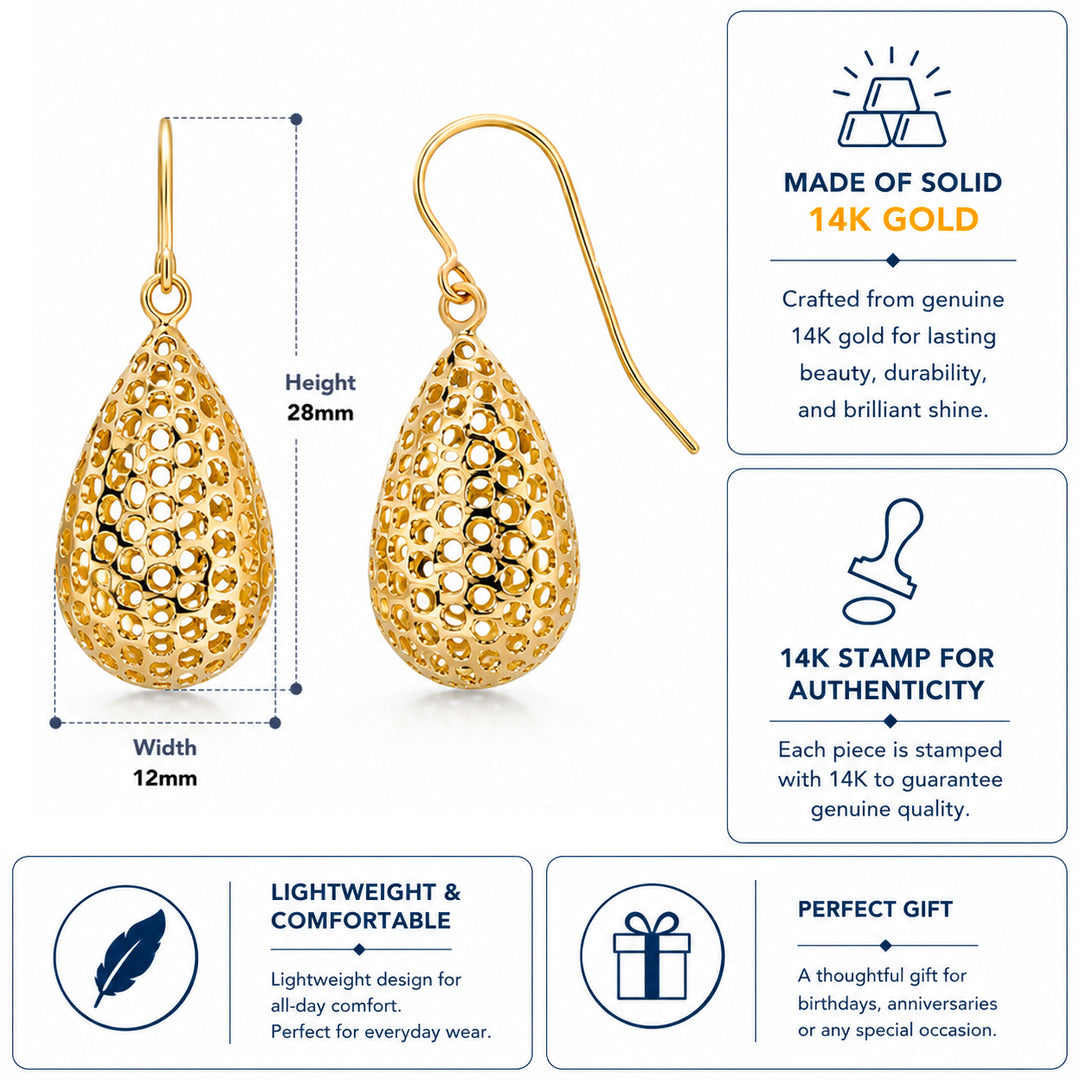 14K Solid Yellow Gold Puffed Tear Drop Dangle Earrings, Gold Tear Drop Earrings, Drop Earrings, Water Drop Earrings, Dangle Earrings