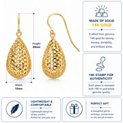 14K Solid Yellow Gold Puffed Tear Drop Dangle Earrings, Gold Tear Drop Earrings, Drop Earrings, Water Drop Earrings, Dangle Earrings