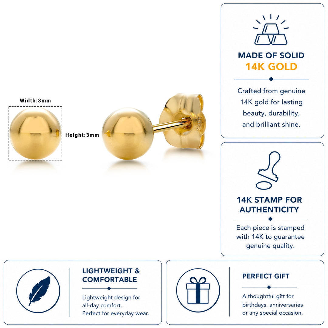 14K Yellow Gold Classy 3mm Ball Studs, Gold Ball Studs, Tiny Stud Earrings, Ball Earrings, Small Gold Studs, Push back Ball Stud, Stud Earrings