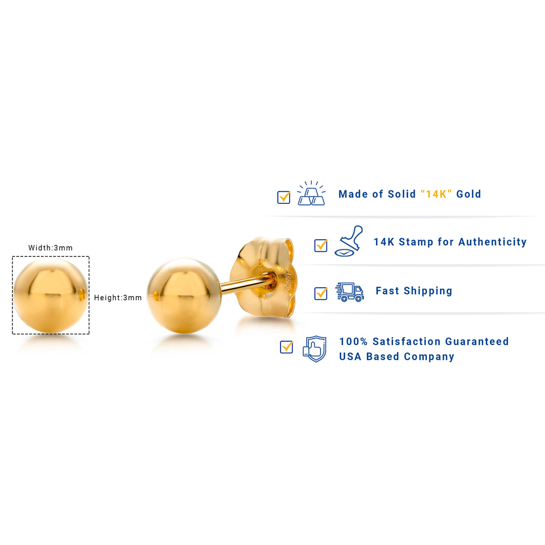 14K Solid Yellow Gold Classy 2mm, 3mm, and 4mm Ball Studs