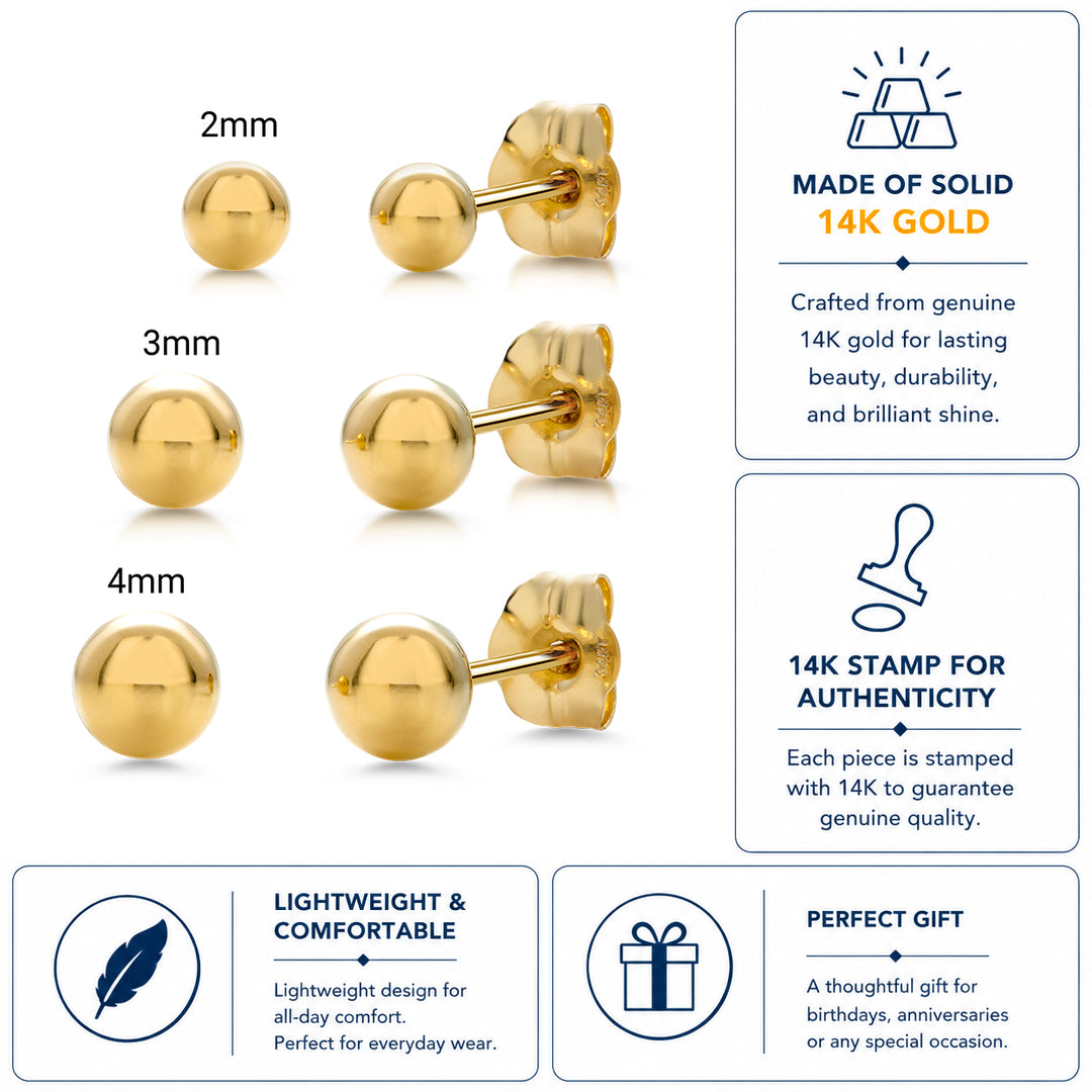 14K Solid Yellow Gold Classy 2mm, 3mm, and 4mm Ball Studs, Gold Ball Studs, Tiny Stud Earrings, Ball Earrings, Small Gold Studs, Push back Ball Stud, Stud Earrings