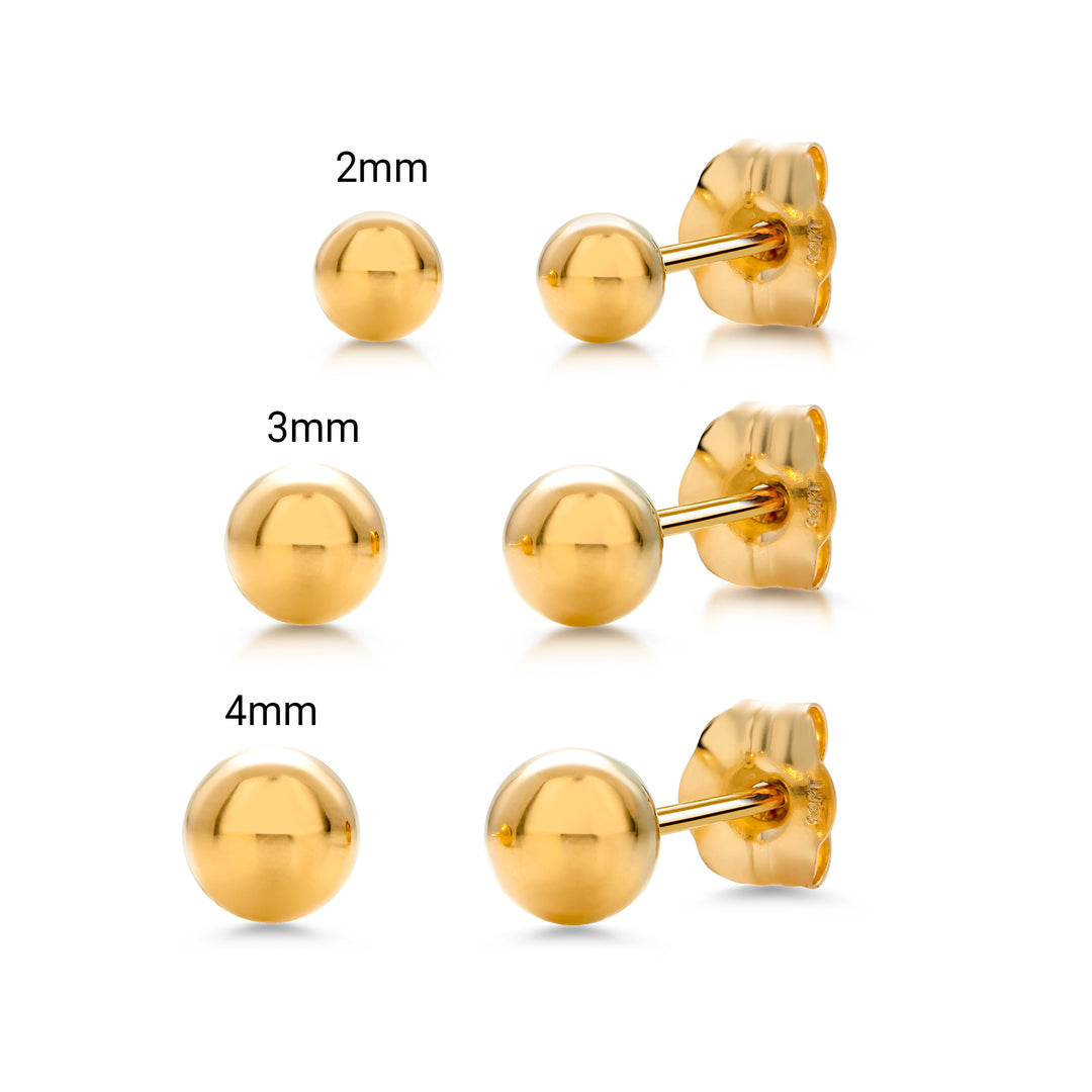 14K Solid Yellow Gold Classy 2mm, 3mm, and 4mm Ball Studs