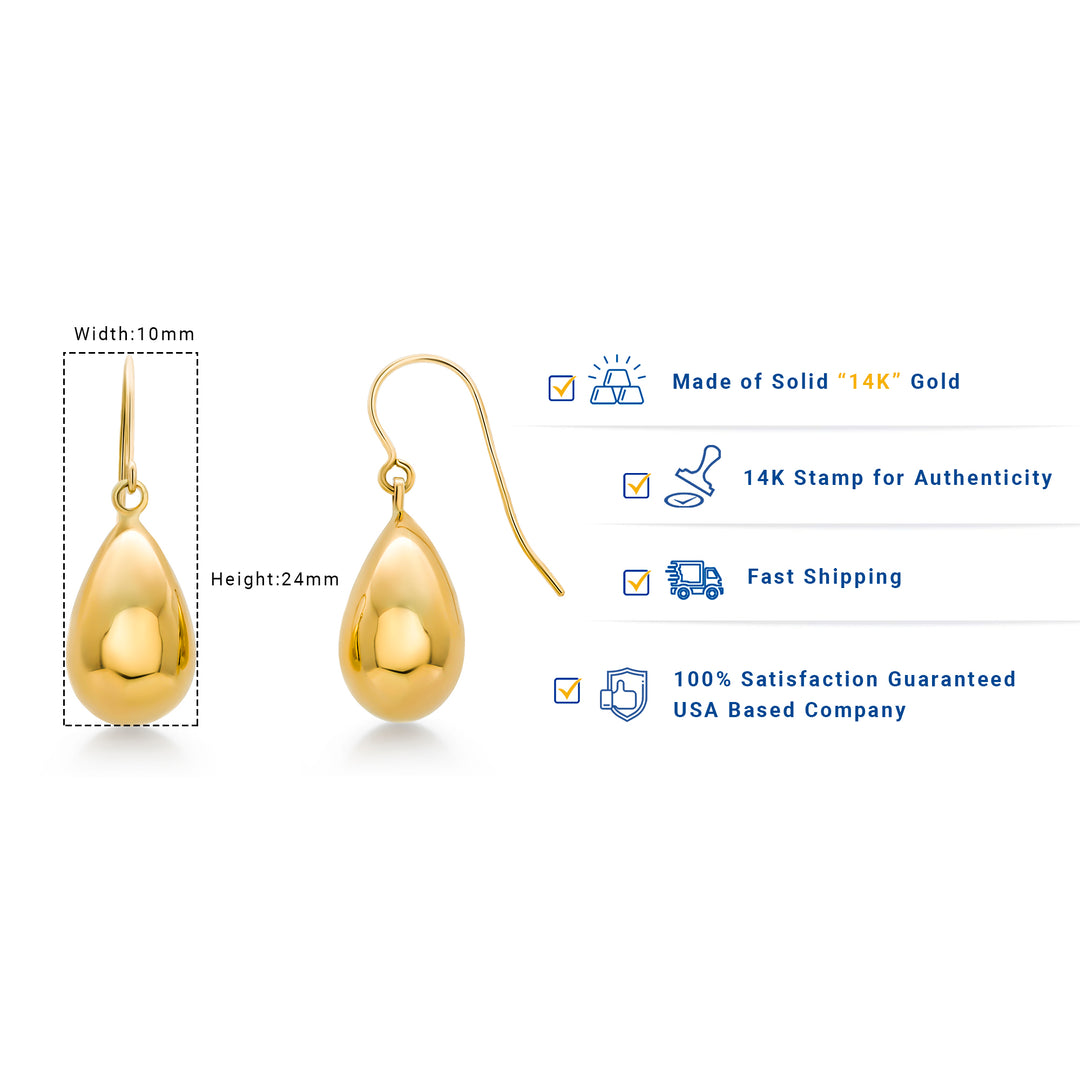 14K Yellow Gold Puffed Tear Drop Dangle Earrings, Gold Tear Drop Earrings, Drop Earrings, Water Drop Earrings, Dangle Earrings