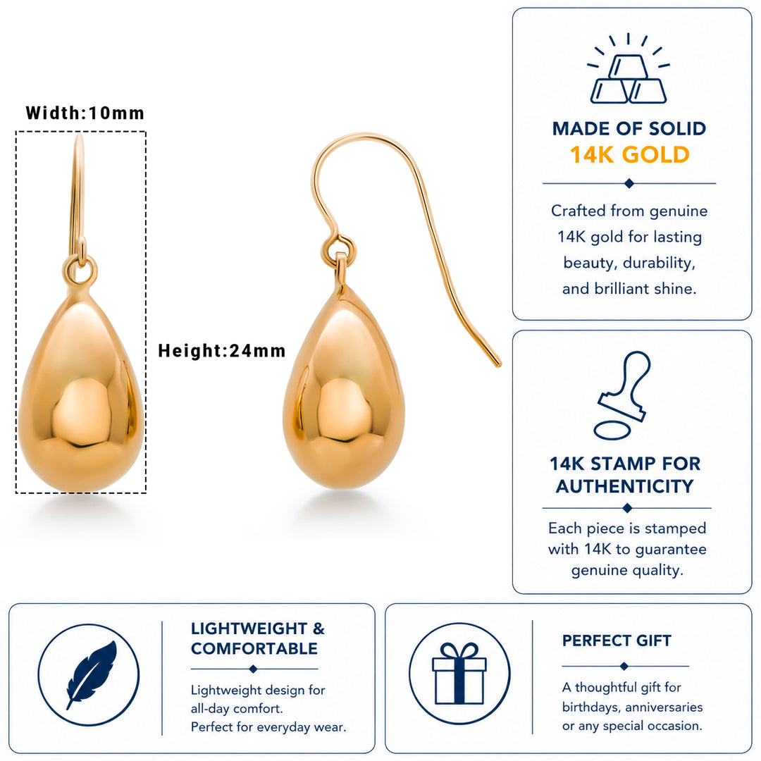 14K Yellow Gold Puffed Tear Drop Dangle Earrings, Gold Tear Drop Earrings, Drop Earrings, Water Drop Earrings, Dangle Earrings