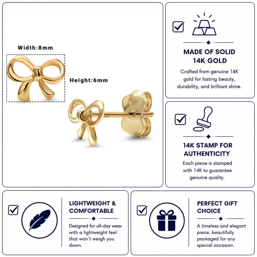 14K Yellow Gold Bow Studs, Bow Knot Studs, Bow Studs, Dainty Bow Studs, Ribbon Bow Studs, Knotty Bow Studs, Push Back Studs