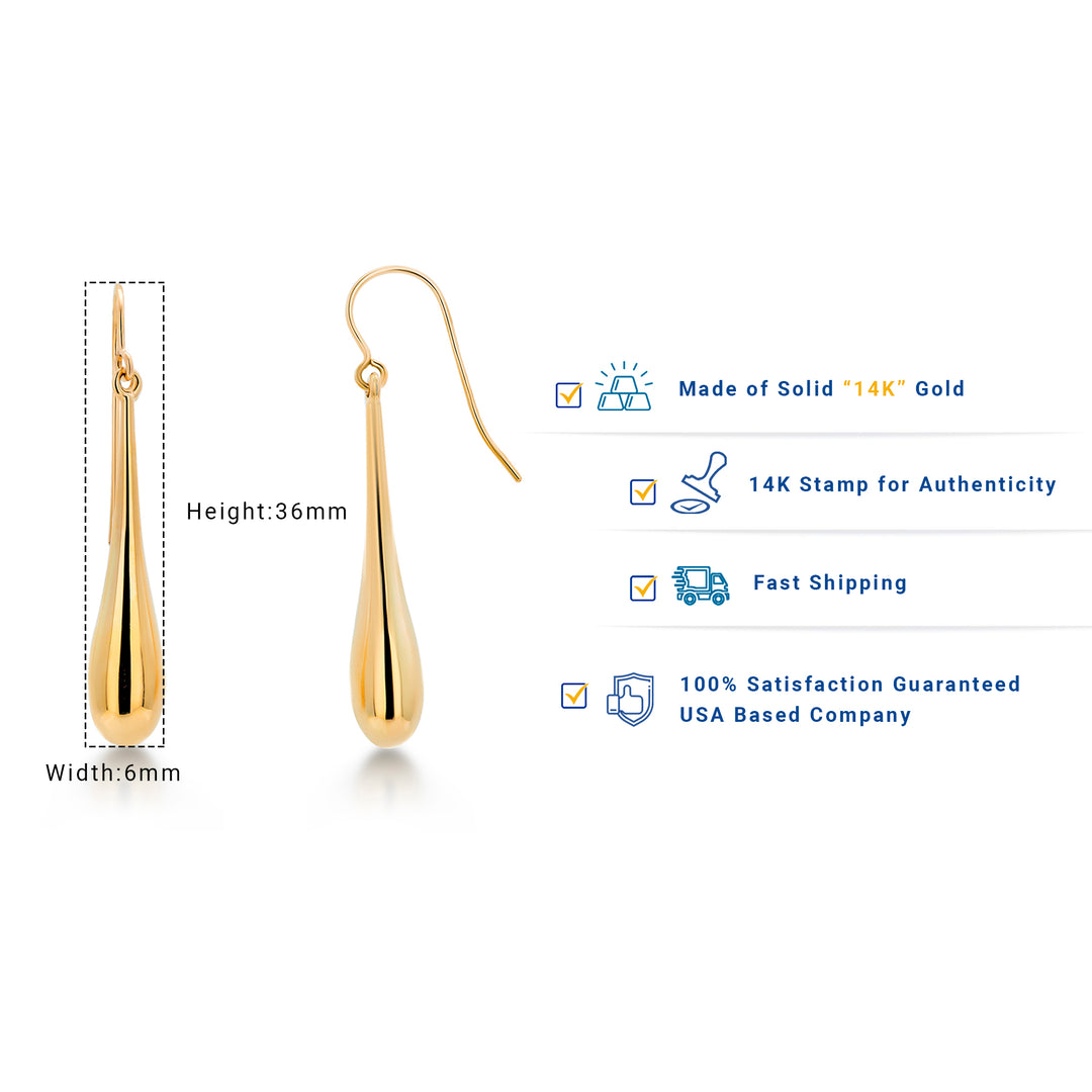 14K Solid Yellow Gold Long Puffed Tear Drop Dangle Earrings, Gold Tear Drop Earrings, Drop Earrings, Water Drop Earrings, Dangle Earrings, Long Tear Drop Dangle Earrings