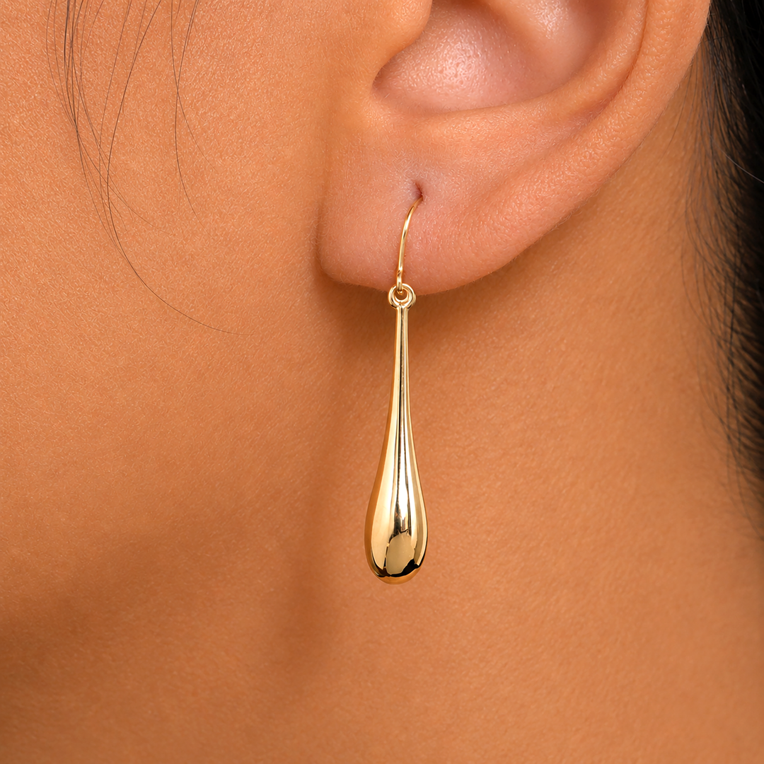 14K Solid Yellow Gold Long Puffed Tear Drop Dangle Earrings, Gold Tear Drop Earrings, Drop Earrings, Water Drop Earrings, Dangle Earrings, Long Tear Drop Dangle Earrings