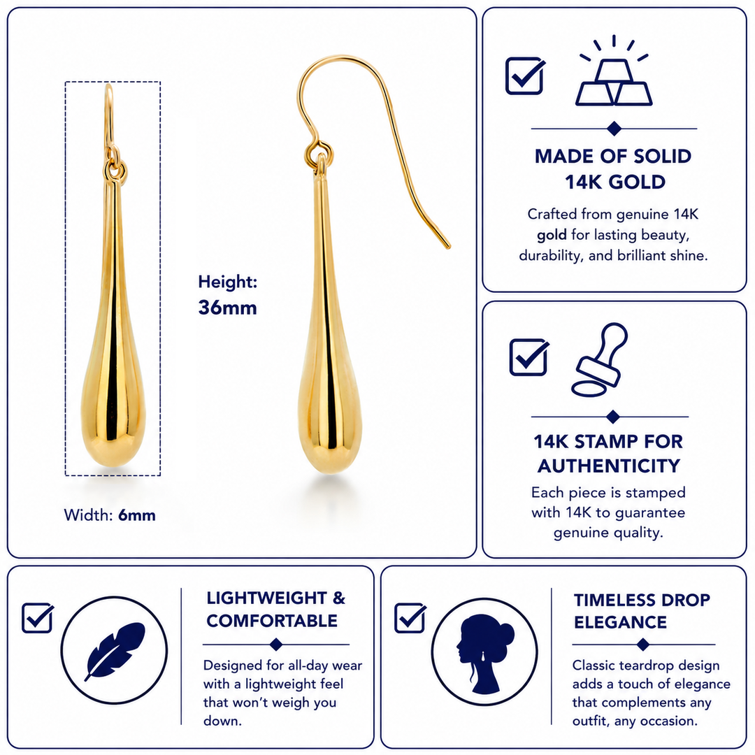 14K Solid Yellow Gold Long Puffed Tear Drop Dangle Earrings, Gold Tear Drop Earrings, Drop Earrings, Water Drop Earrings, Dangle Earrings, Long Tear Drop Dangle Earrings