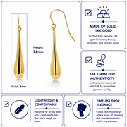 14K Solid Yellow Gold Long Puffed Tear Drop Dangle Earrings, Gold Tear Drop Earrings, Drop Earrings, Water Drop Earrings, Dangle Earrings, Long Tear Drop Dangle Earrings