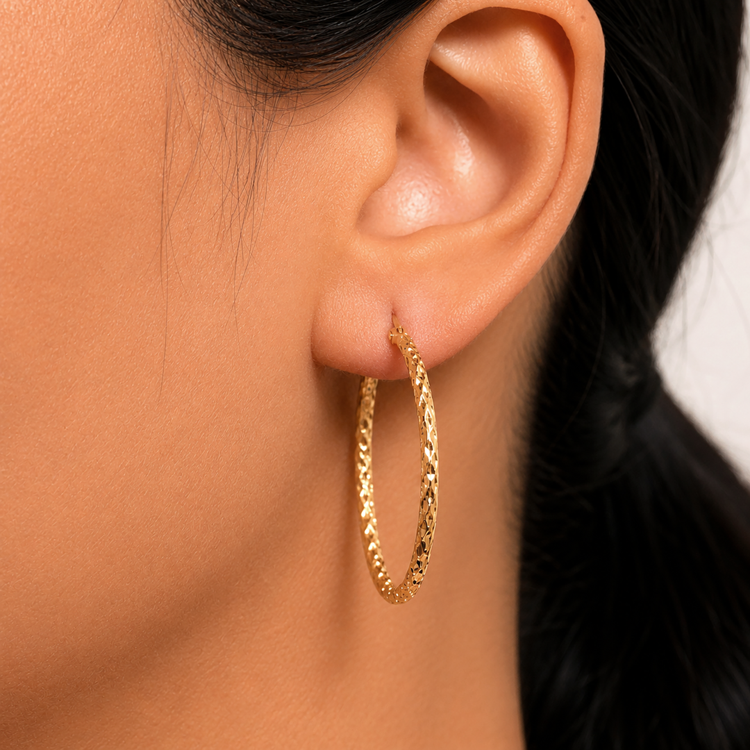 14K Yellow Gold Crystal Cut Round Hoop Earrings, Gold Hoop Earrings, Textured Hoop Earrings, Classic Hoop Earrings