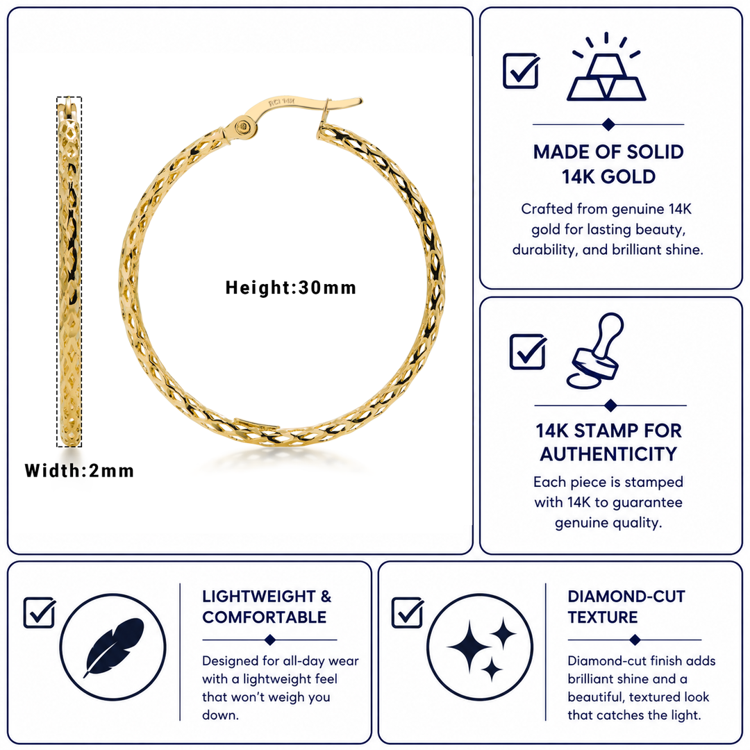 14K Yellow Gold Crystal Cut Round Hoop Earrings, Gold Hoop Earrings, Textured Hoop Earrings, Classic Hoop Earrings