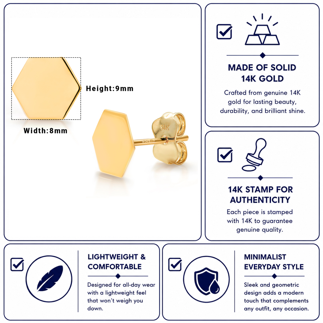 14K Solid Yellow Gold Hexagon Stud Earrings, Gold Hexagon Studs, Geometric Studs, Minimalist Studs, Dainty Studs, Gold Studs, Shape Studs
