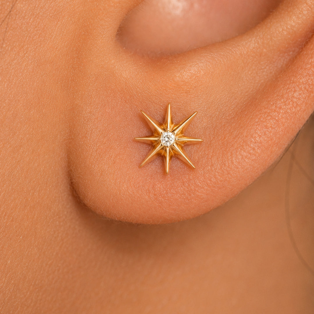 14K Solid Yellow Gold Diamond Star Studs, Diamond Star Studs, Fire Work Star Studs, Diamond Studs, Friction back Studs