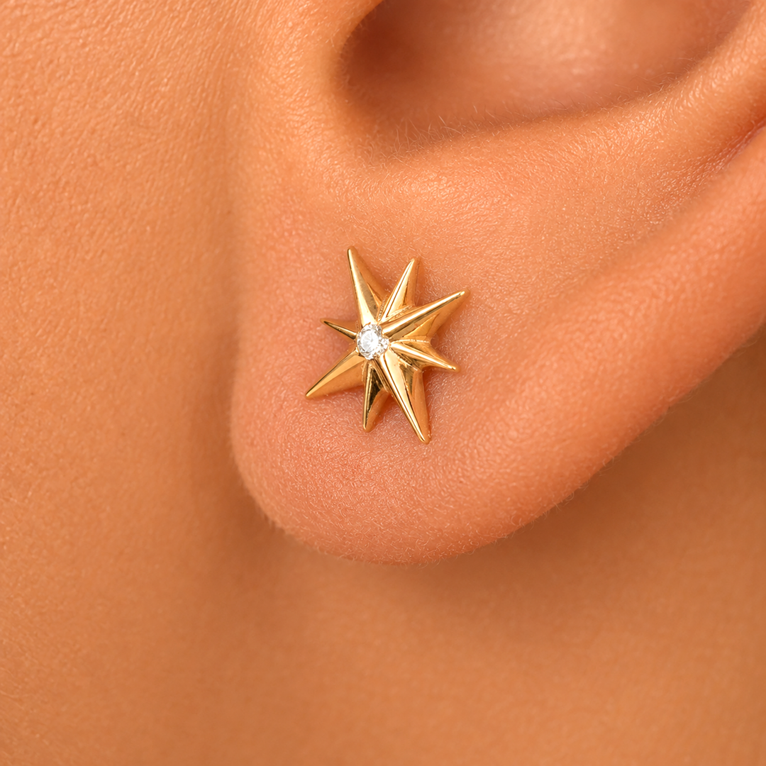 14K Solid Yellow Gold Diamond Star Studs, Diamond Star Studs, Fire Work Star Studs, Diamond Studs, Friction back Studs