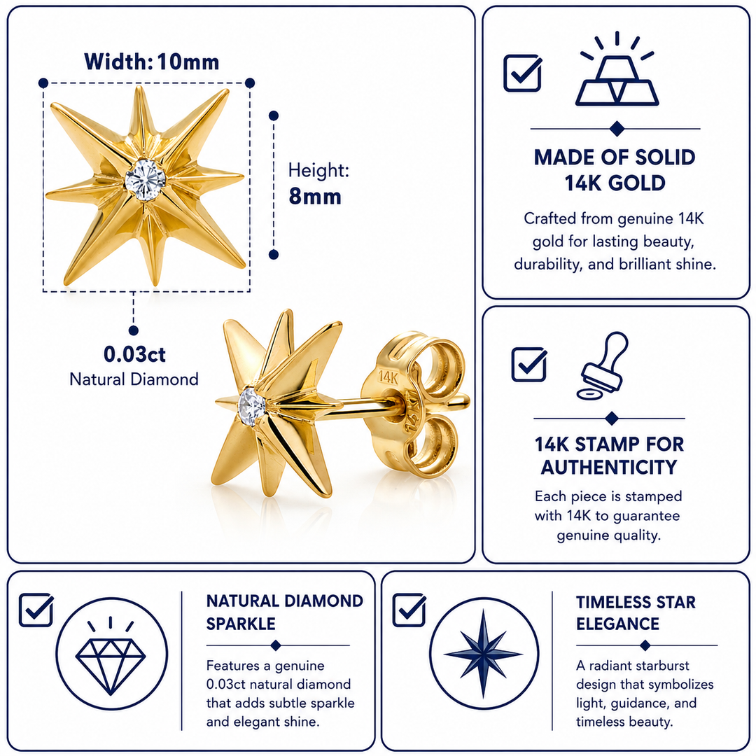 14K Solid Yellow Gold Diamond Star Studs, Diamond Star Studs, Fire Work Star Studs, Diamond Studs, Friction back Studs