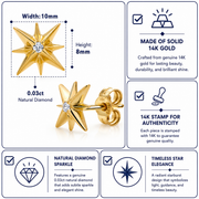 14K Solid Yellow Gold Diamond Star Studs, Diamond Star Studs, Fire Work Star Studs, Diamond Studs, Friction back Studs