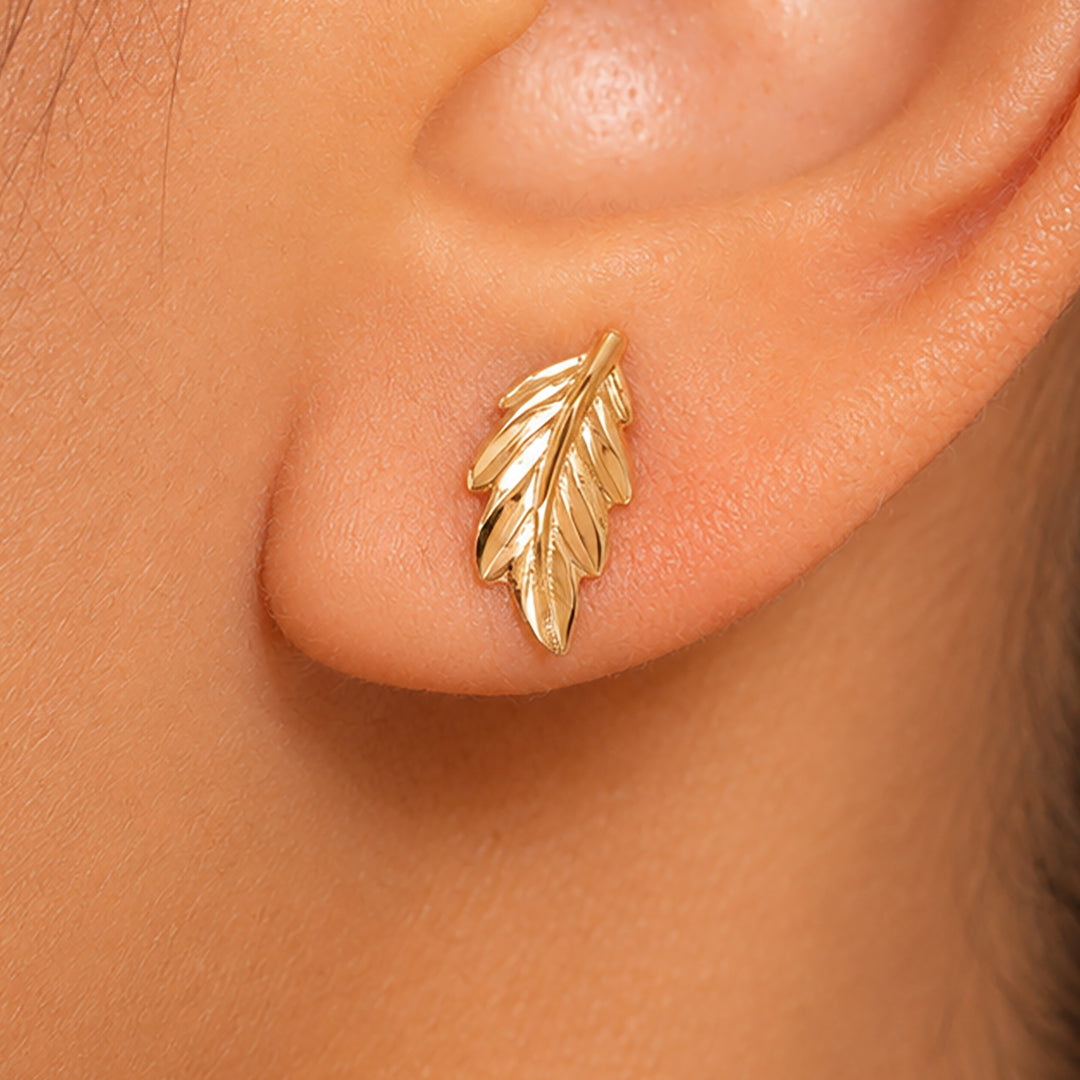 14K Solid Yellow Gold Leaf Stud Earrings, Leaf Studs, Solid Gold Leaf Studs, Plant Earrings, Nature Studs, Textured leaf Studs, Push Back Gold Studs
