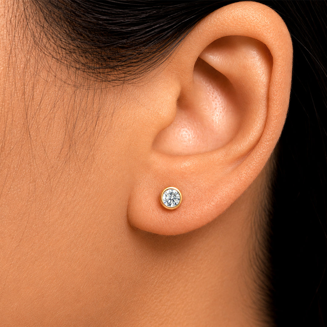 Solid 14K Yellow Gold Cubic Zirconia 4mm Bezel-Set Earrings, Bezel Studs Earrings, Bezel Studs Earrings, Round CZ Bezel Studs Earrings, Bezel Earrings For Gift, Gold Bezel Studs Earrings