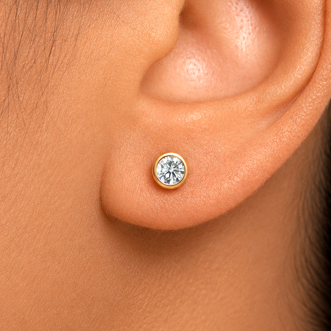 Solid 14K Yellow Gold Cubic Zirconia 4mm Bezel-Set Earrings, Bezel Studs Earrings, Bezel Studs Earrings, Round CZ Bezel Studs Earrings, Bezel Earrings For Gift, Gold Bezel Studs Earrings