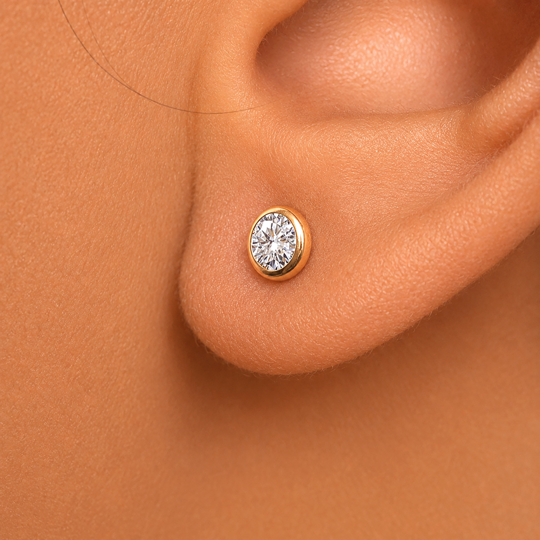 Solid 14K Yellow Gold Cubic Zirconia 4mm Bezel-Set Earrings, Bezel Studs Earrings, Bezel Studs Earrings, Round CZ Bezel Studs Earrings, Bezel Earrings For Gift, Gold Bezel Studs Earrings