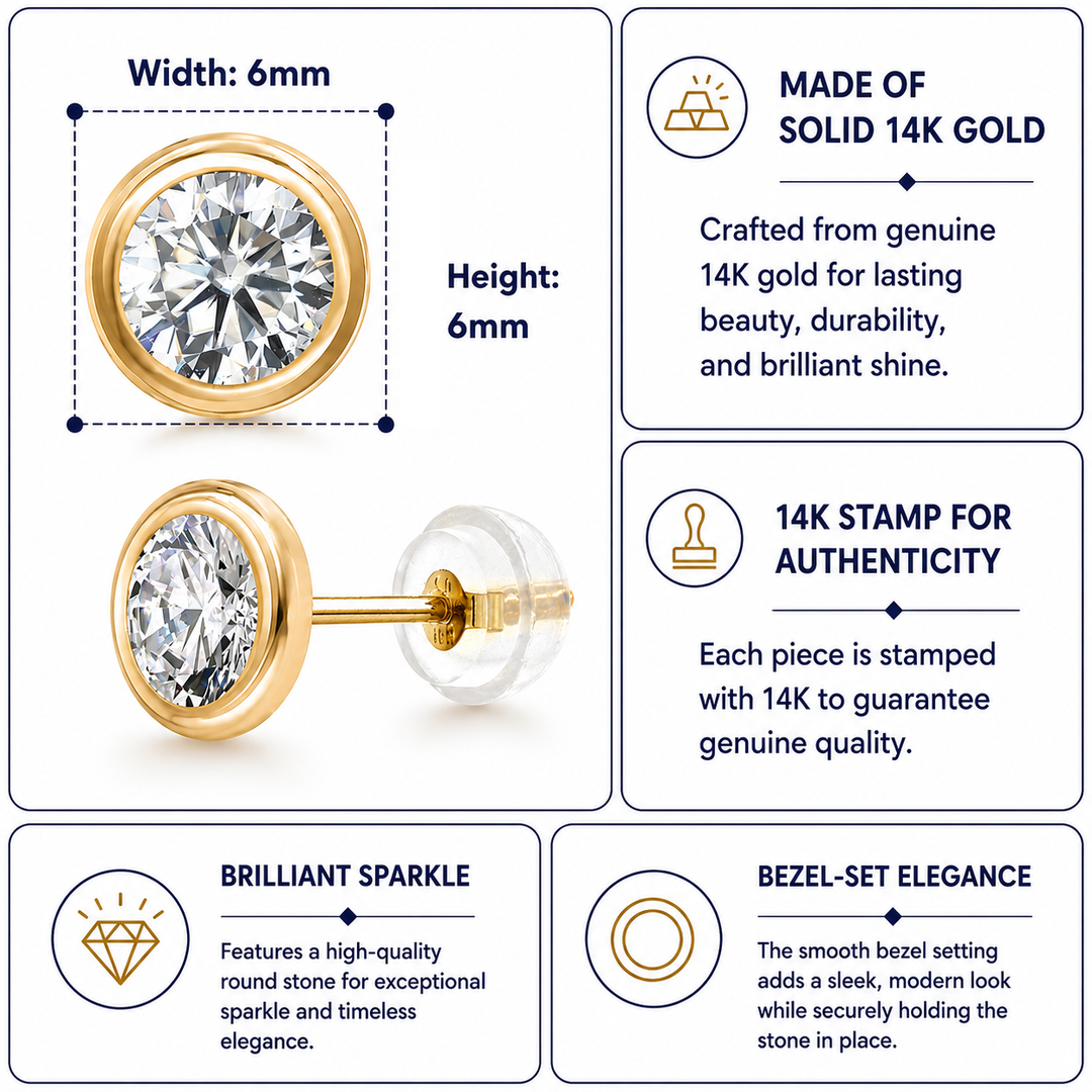 Solid 14K Yellow Gold Cubic Zirconia 4mm Bezel-Set Earrings, Bezel Studs Earrings, Bezel Studs Earrings, Round CZ Bezel Studs Earrings, Bezel Earrings For Gift, Gold Bezel Studs Earrings