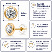 Solid 14K Yellow Gold Cubic Zirconia 4mm Bezel-Set Earrings, Bezel Studs Earrings, Bezel Studs Earrings, Round CZ Bezel Studs Earrings, Bezel Earrings For Gift, Gold Bezel Studs Earrings