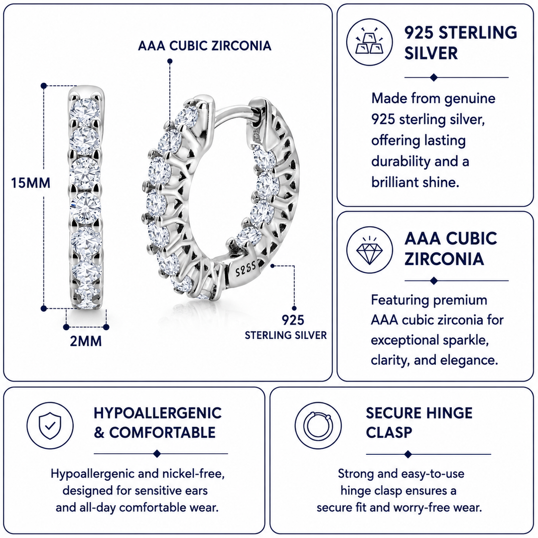 925 Sterling Silver Inside Outside Cz Huggie Earrings, Silver Huggies, Classic CZ Huggies, Latch back Huggies Earrings, Perfect For Any Occasion
