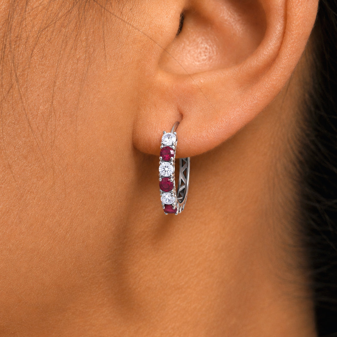 925 Sterling SIlver Half Eternity Huggie Hoop Earrings, Simulated Ruby Cz Hoop Earrings, Simulated Sapphire Cz Hoop Earrings, Round Hoop Earrings