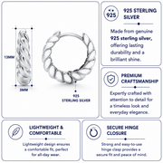 925 Sterling Silver Twisted Round Huggie Earrings, Elegant Lightweight Jewelry, Hypoallergenic Silver, Stylish Everyday Wear, Gift for Her
