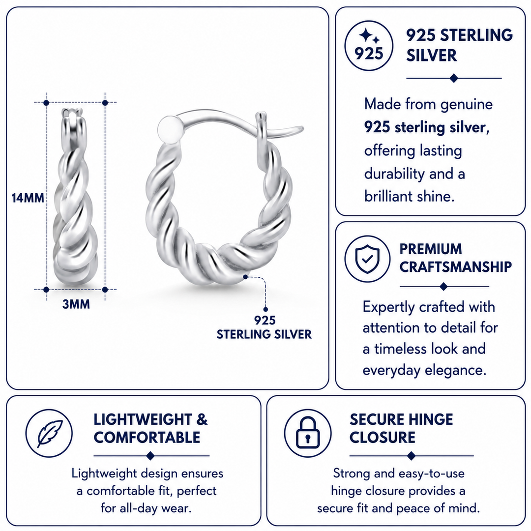 925 Sterling Silver Twisted Oval Huggies Earrings, Lightweight Silver Hoops, Hypoallergenic Silver Hoop Earrings, Hoop Gift for Women