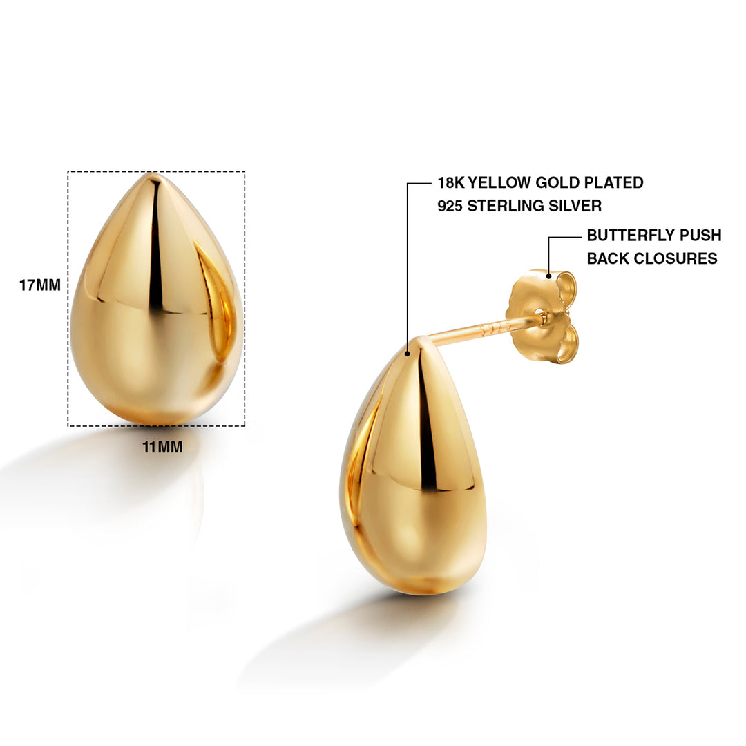 925 Sterling Silver Teardrop Shaped Dome Earring Studs, Gold or Silver Studs, 14K yellow And White Gold Plated Drop Studs, Teardrop Studs