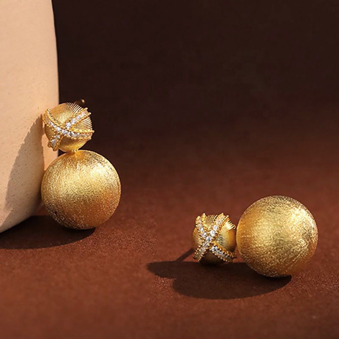 925 Sterling Silver With 14k Gold Plated Matte Finish Ball Dangle Earrings, Matt Ball Drop Earrings, Brushed Ball Cz Dangle Earrings