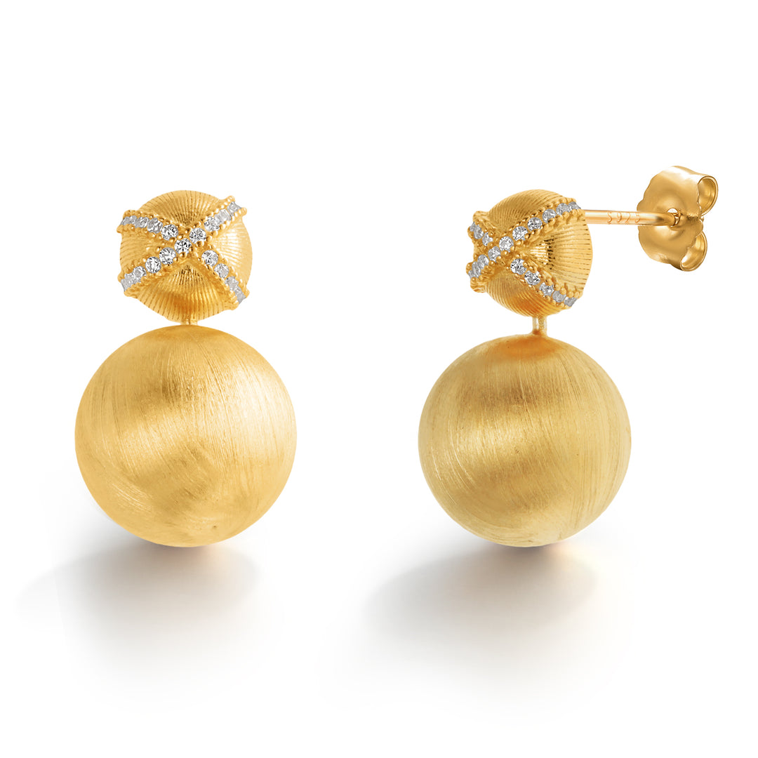925 Sterling Silver With 14k Gold Plated Matte Finish Ball Dangle Earrings, Matt Ball Drop Earrings, Brushed Ball Cz Dangle Earrings
