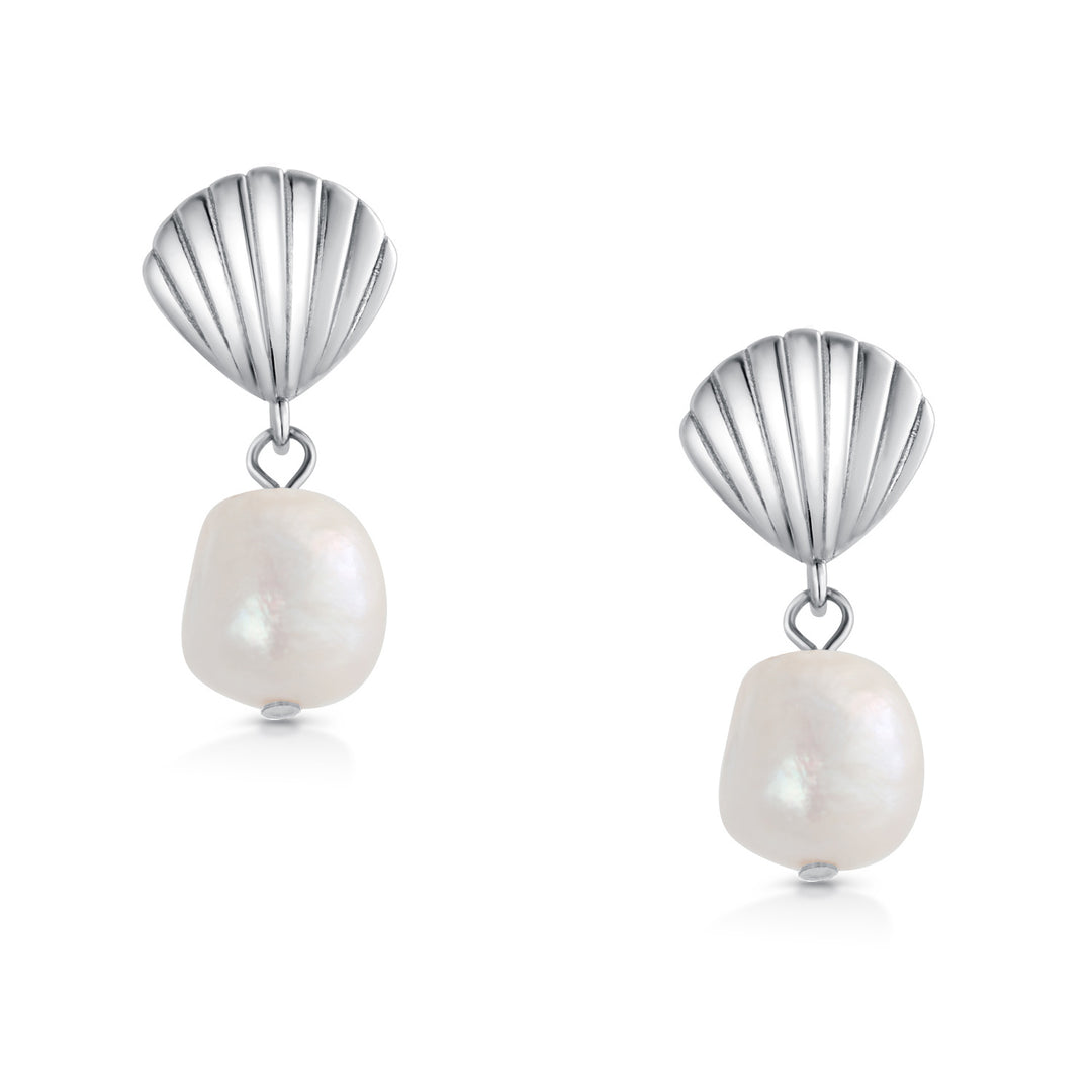 925 Sterling Silver With 14k Gold Plated Scallop Pearl Dangle Earrings, Scallop Dangle For Women, Summer Pearl Dangle Earrings