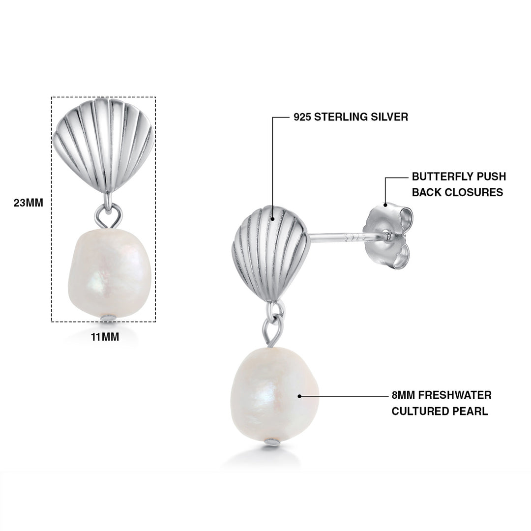 925 Sterling Silver With 14k Gold Plated Scallop Pearl Dangle Earrings, Scallop Dangle For Women, Summer Pearl Dangle Earrings