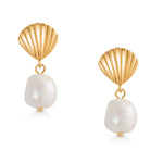 Load image into Gallery viewer, 925 Sterling Silver With 14k Gold Plated Scallop Pearl Dangle Earrings, Scallop Dangle For Women, Summer Pearl Dangle Earrings
