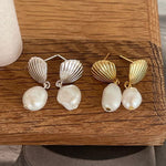 Load image into Gallery viewer, 925 Sterling Silver With 14k Gold Plated Scallop Pearl Dangle Earrings, Scallop Dangle For Women, Summer Pearl Dangle Earrings
